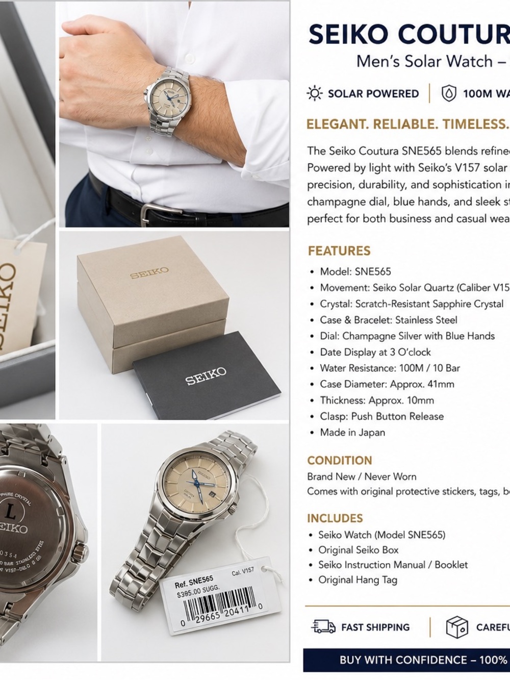 Seiko Men's Silver Bracelet Watch with Champagne Dial and Blue Hands